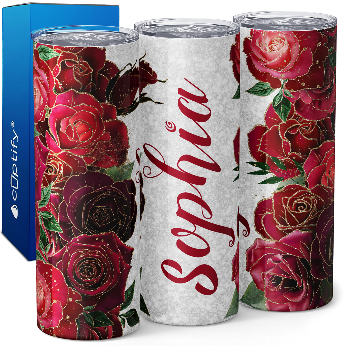 Personalized Gilded Blooms Crimson Roses 20oz Skinny Tumbler