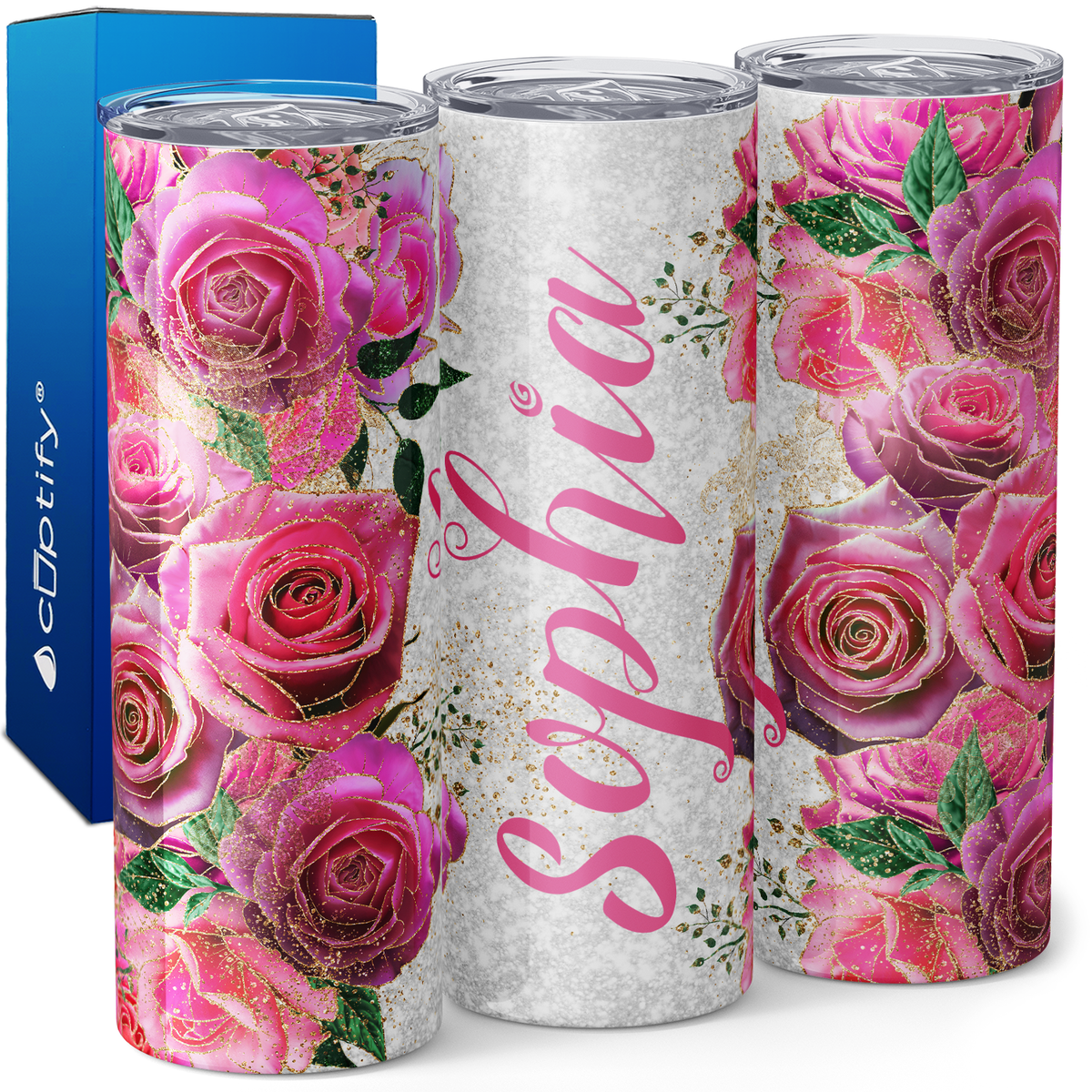 Personalized Rose Gold Reverie Blushing Pink Roses 20oz Skinny Tumbler