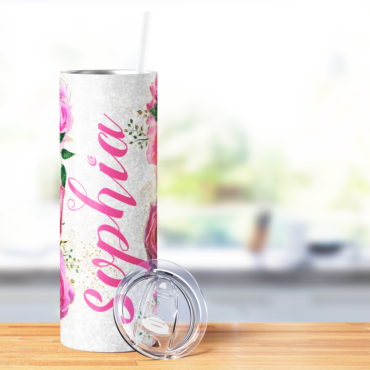 Personalized Rose Gold Reverie Blushing Pink Roses 20oz Skinny Tumbler