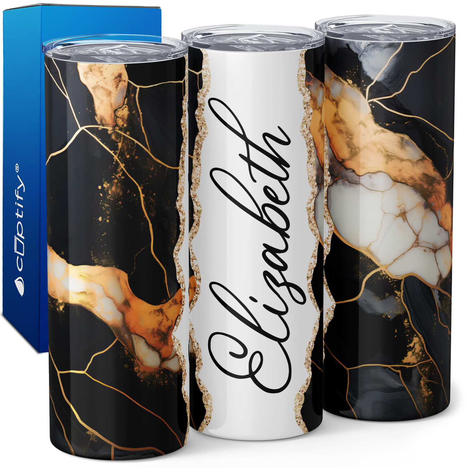 Personalized Black Gold and White Mosiac Quartz 20oz Skinny Tumbler