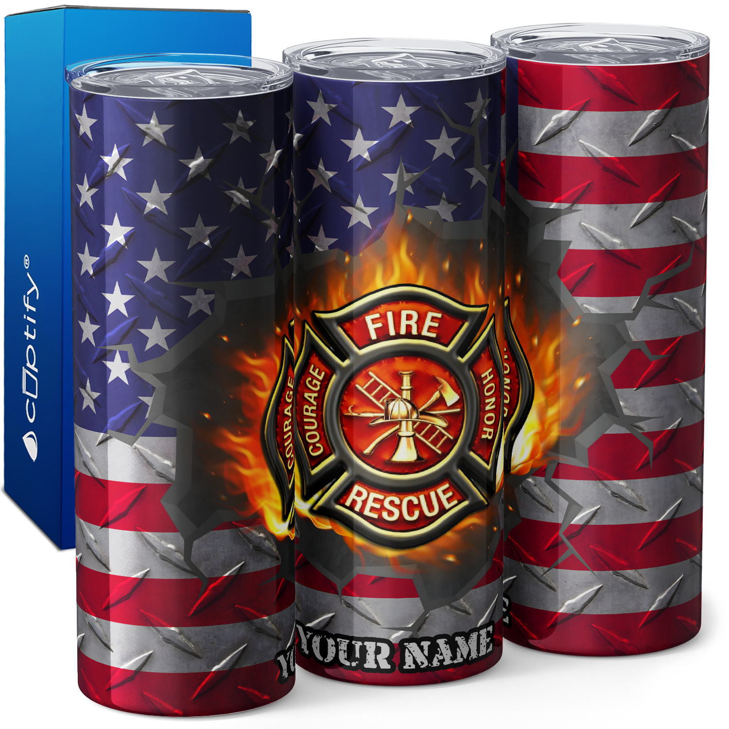 Personalized Firefighter Badges on American Flag 20oz Skinny Tumbler