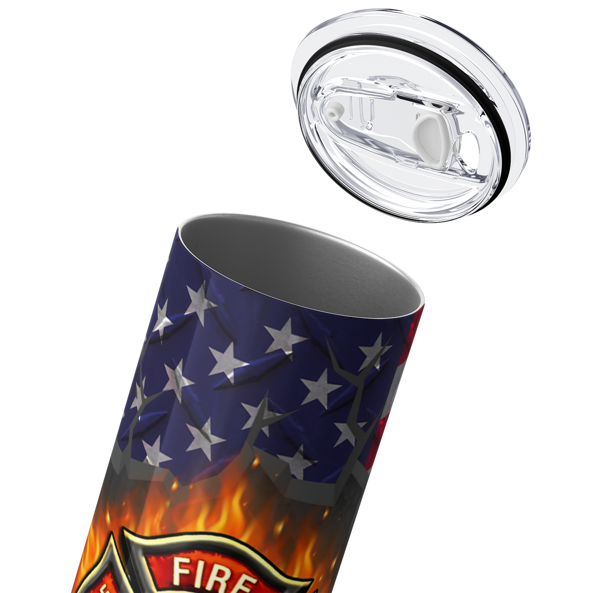 Personalized Firefighter Badges on American Flag 20oz Skinny Tumbler