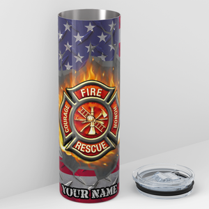 Personalized Firefighter Badges on American Flag 20oz Skinny Tumbler