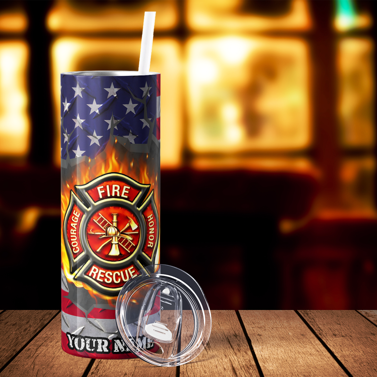 Personalized Firefighter Badges on American Flag 20oz Skinny Tumbler