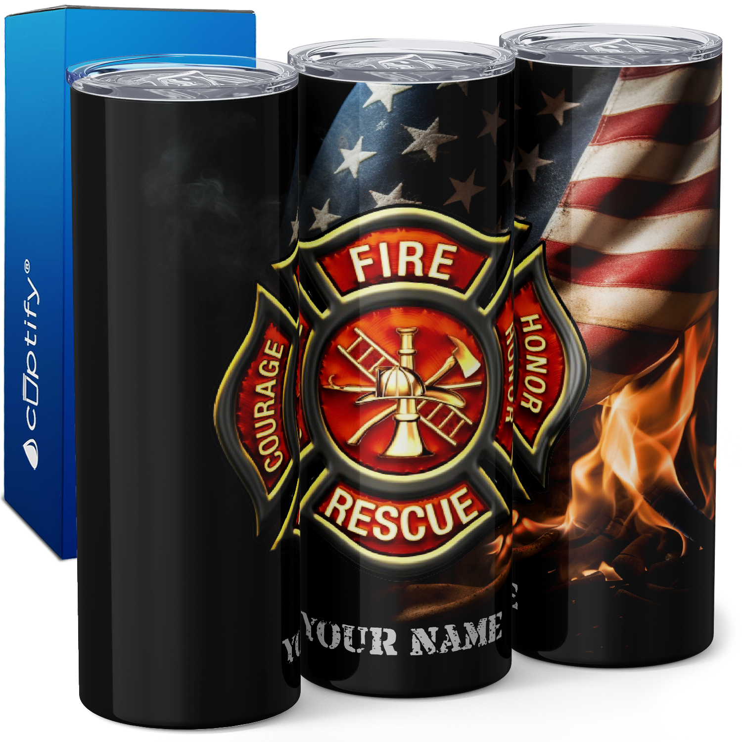 Personalized Firefighter Badge Waving American Flag 20oz Skinny Tumbler