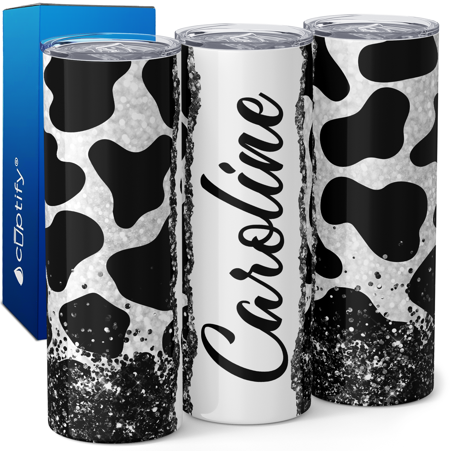 Personalized Cow Print Black and White Glitter 20oz Skinny Tumbler