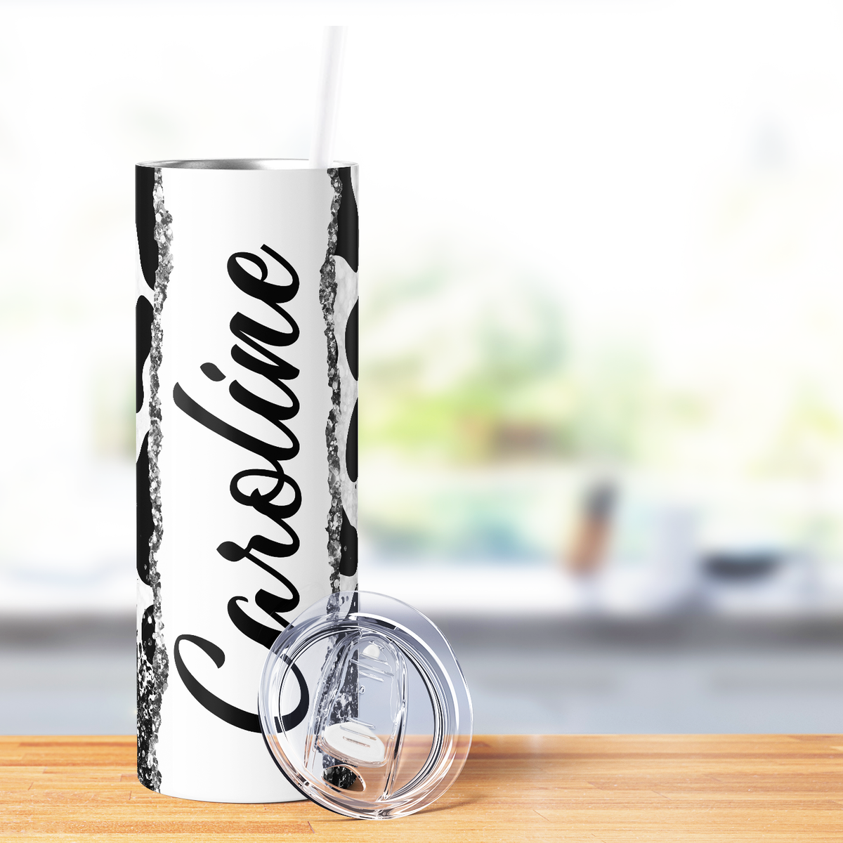 Personalized Cow Print Black and White Glitter 20oz Skinny Tumbler