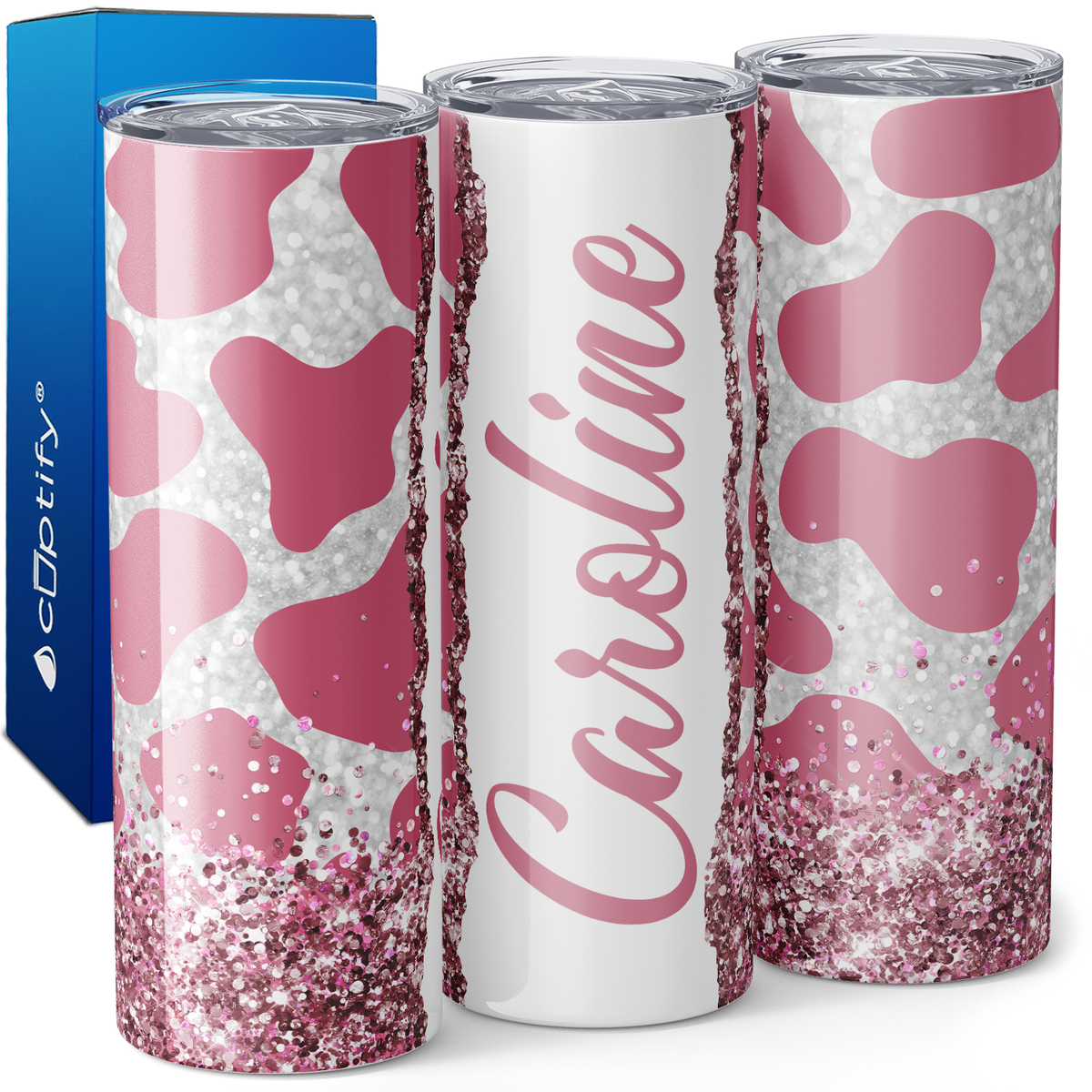 Personalized Cow Print Pink and White Glitter 20oz Skinny Tumbler