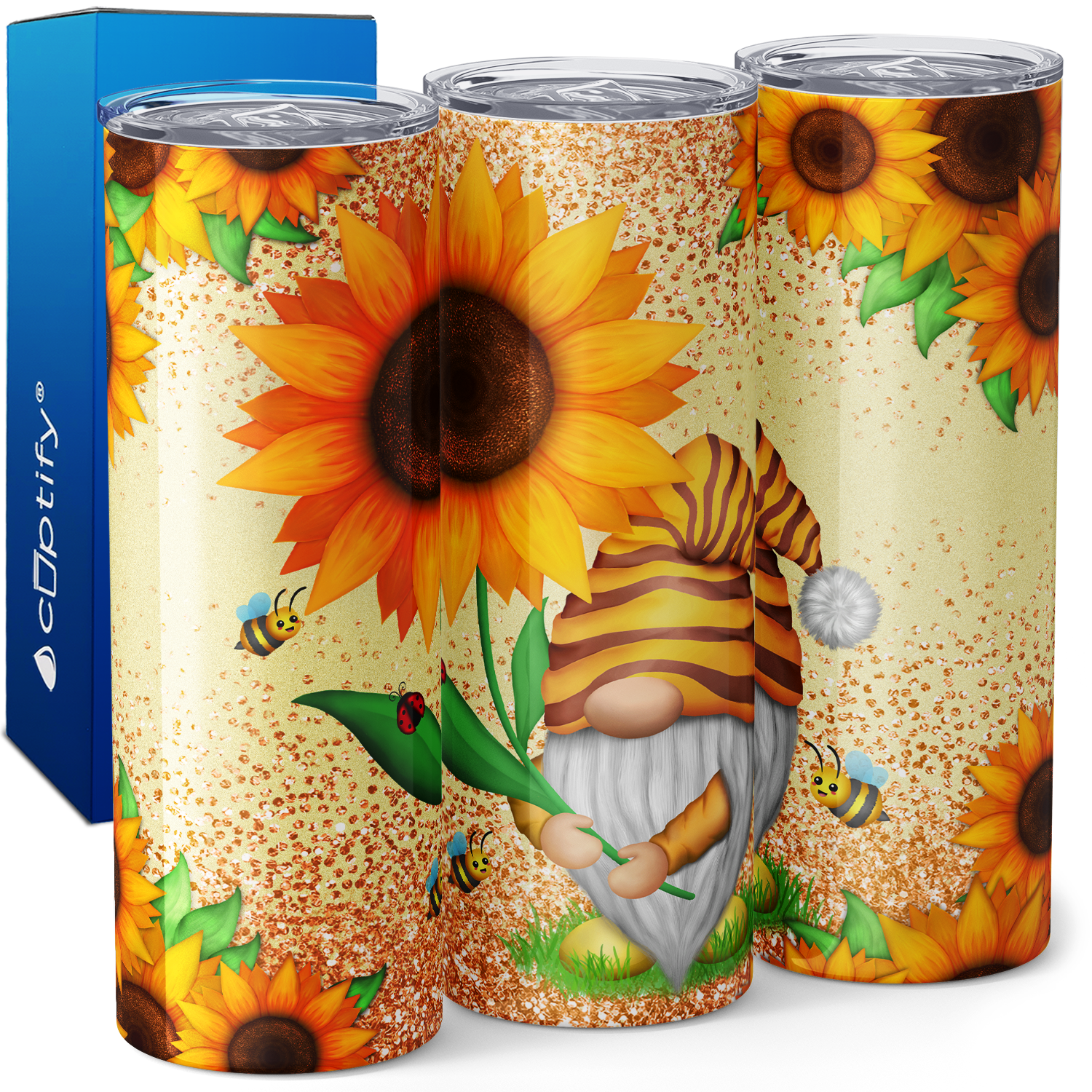 Sunflower and Bumble Bee Gnome 20oz Skinny Tumbler