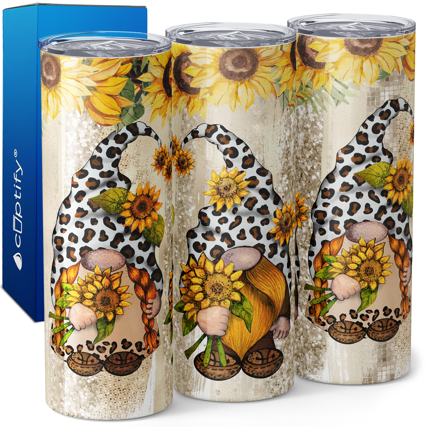 Leopard Print Sunflower Gnomes 20oz Skinny Tumbler