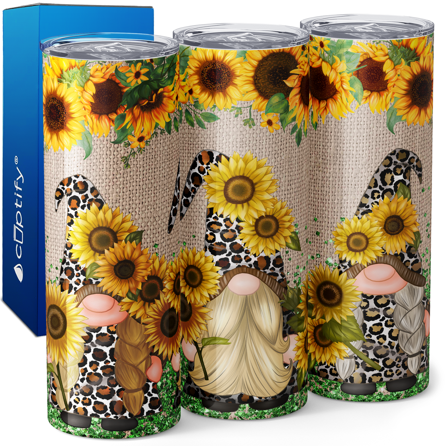 Brown Leopard Print Sunflower Gnomes 20oz Skinny Tumbler