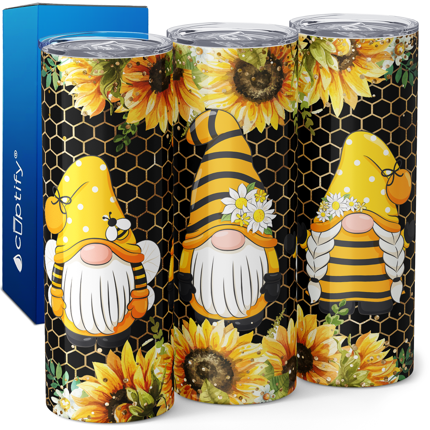 Sunflower Bee Gnomes on Honeycomb 20oz Skinny Tumbler