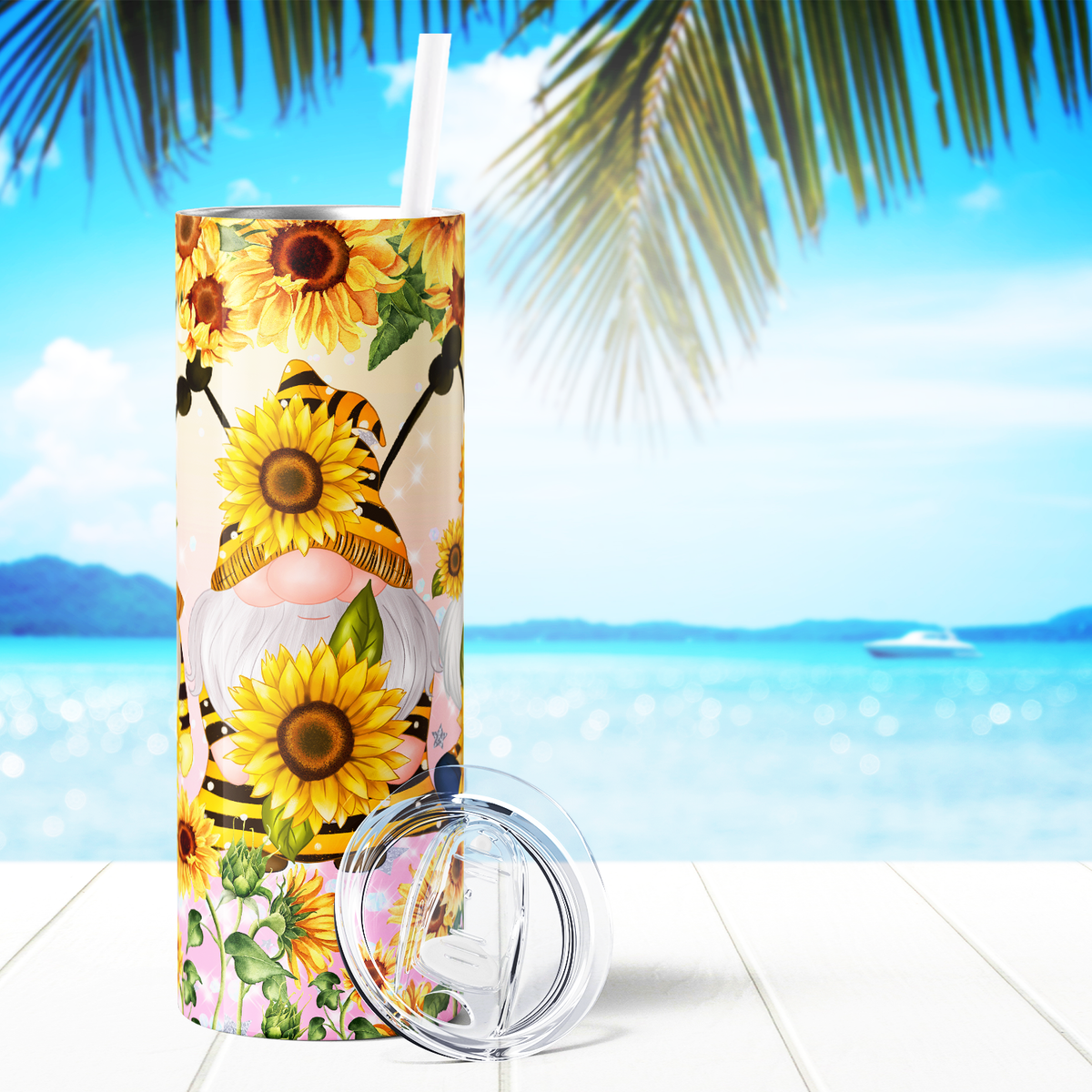 Honey Bee Sunflower Gnomes 20oz Skinny Tumbler