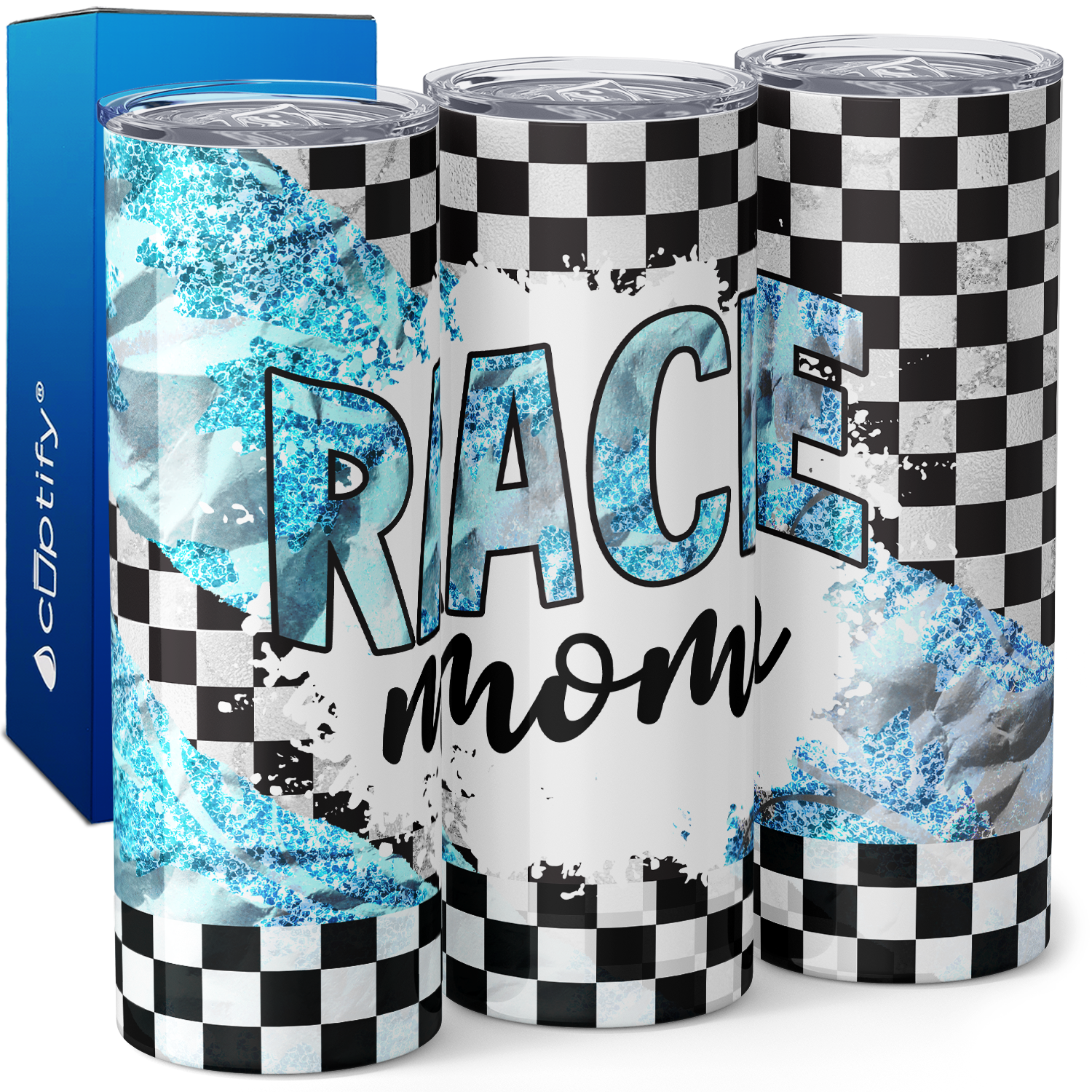 Race Mom on Checker Flag 20oz Skinny Tumbler