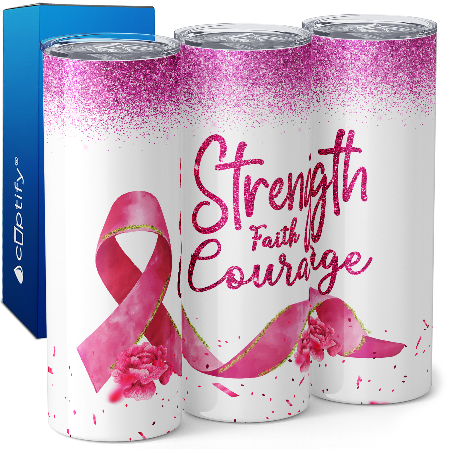 Strength Faith Courage Breast Cancer 20oz Skinny Tumbler