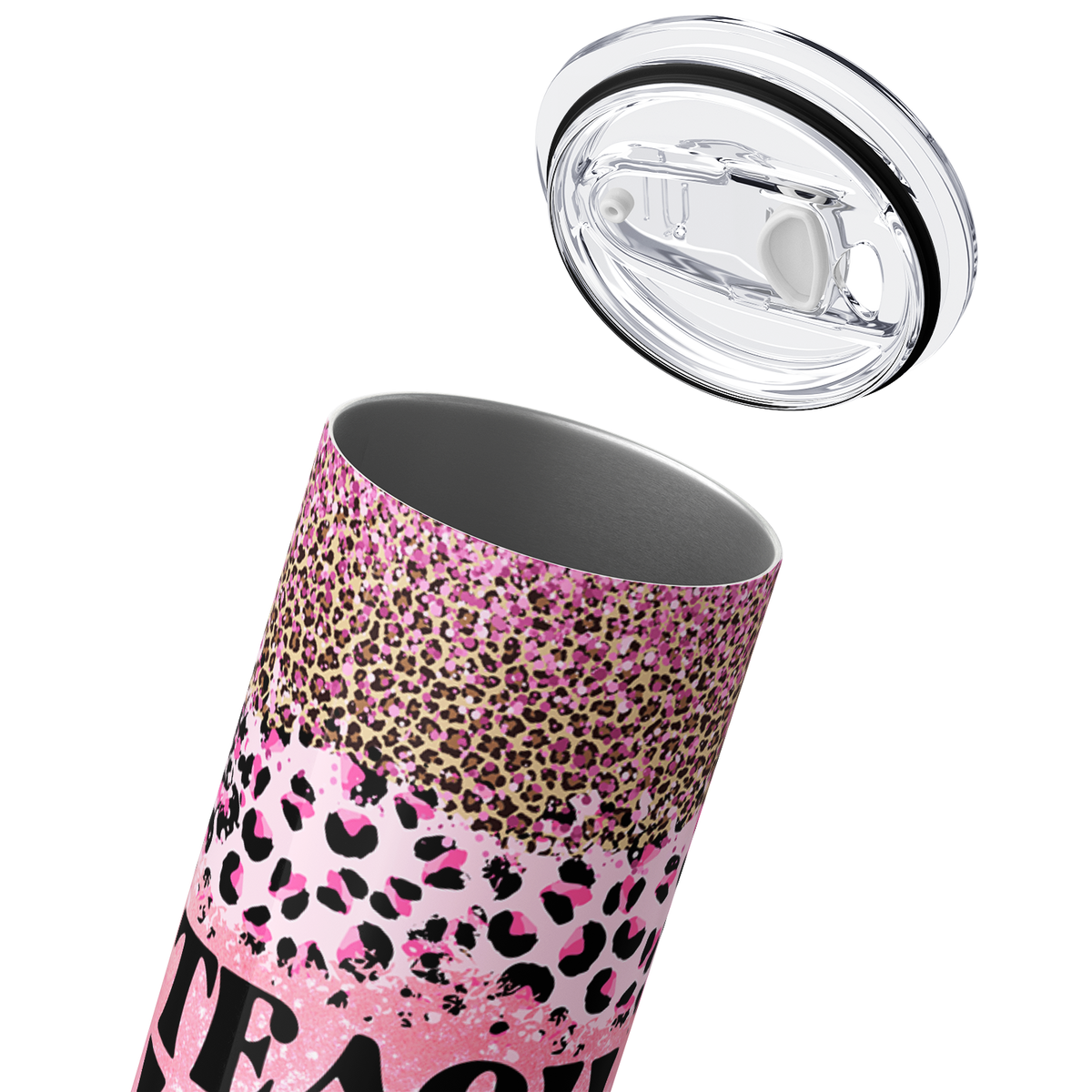 Teach Love Inspire Pink Glitter Leopard Print 20oz Skinny Tumbler