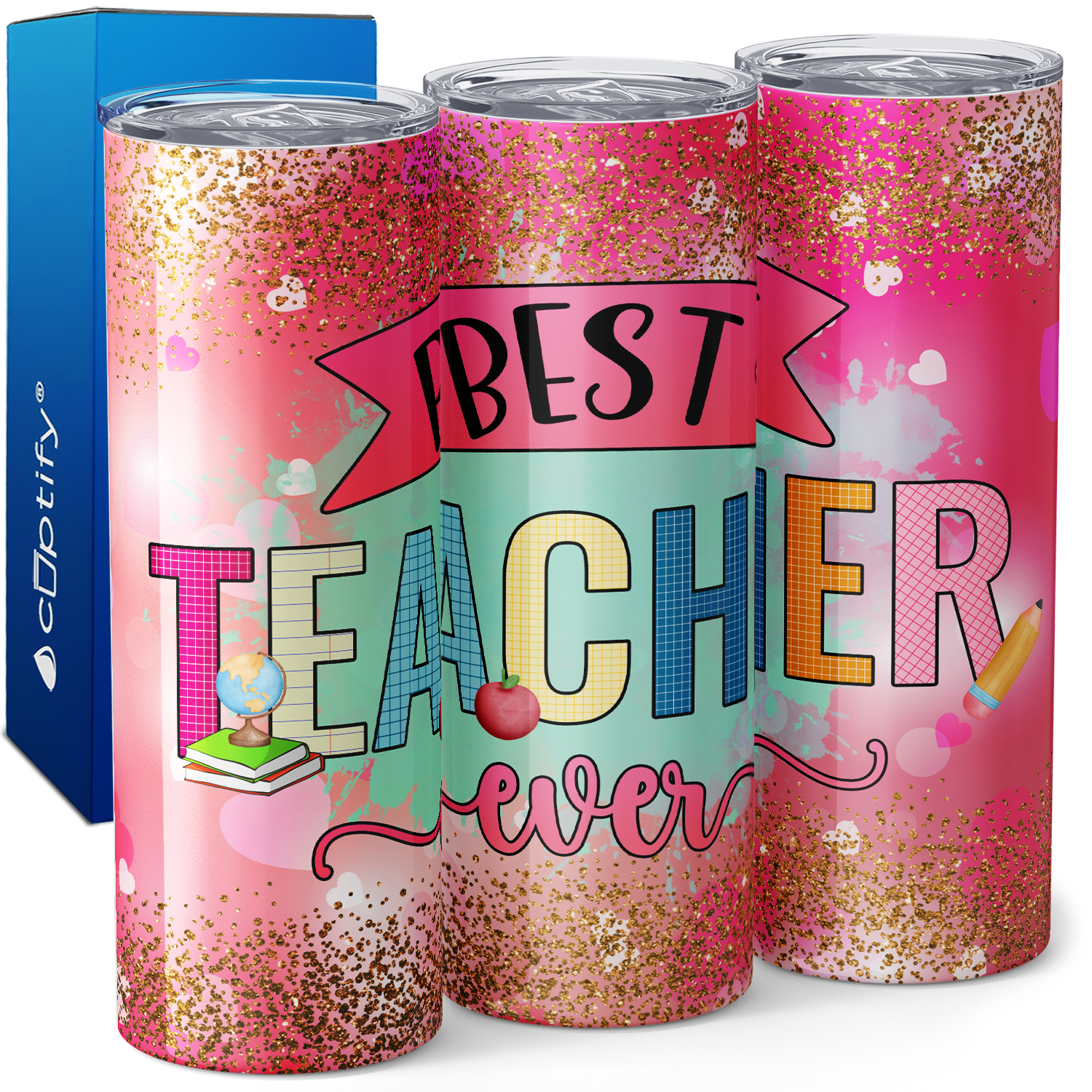 Best Teacher Ever Pink Ombre Glitter 20oz Skinny Tumbler