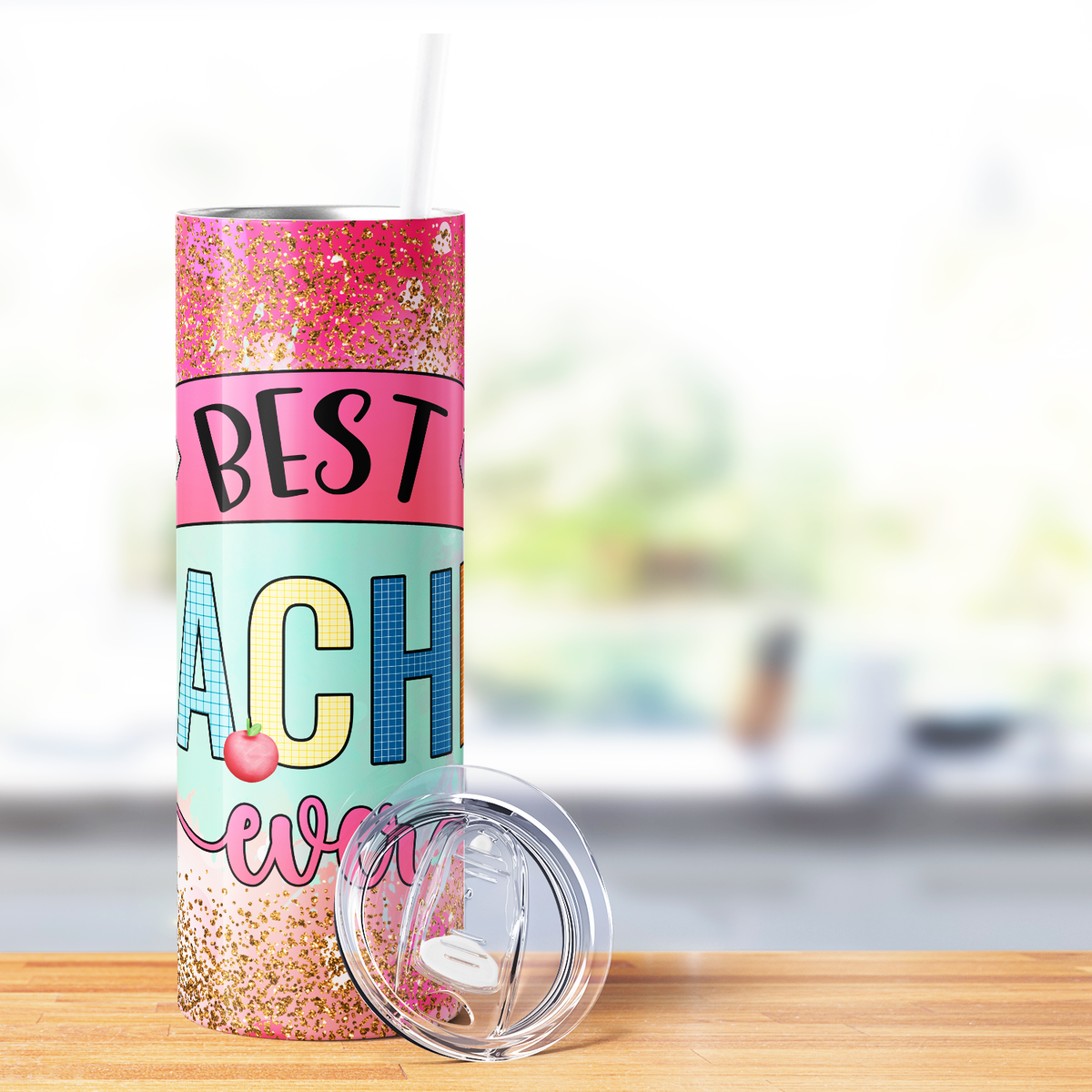 Best Teacher Ever Pink Ombre Glitter 20oz Skinny Tumbler