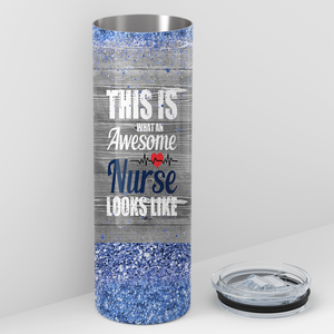 Awesome Nurse on Gray Wood Navy Blue 20oz Skinny Tumbler