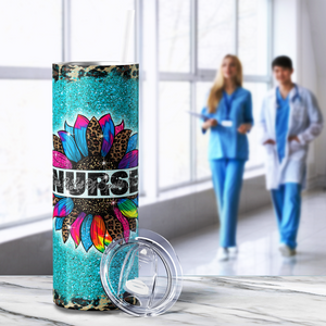 Nurse on Teal Rainbow Sunflower 20oz Skinny Tumbler