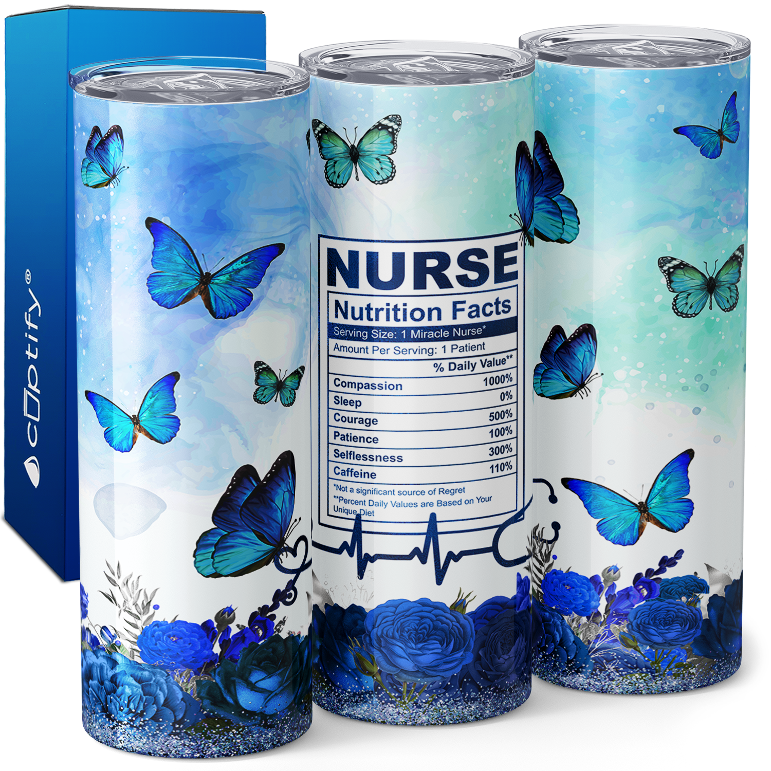 Nurse Nutrition Facts with Blue Butterflies 20oz Skinny Tumbler