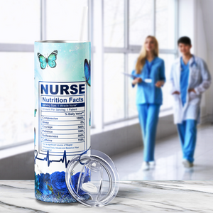 Nurse Nutrition Facts with Blue Butterflies 20oz Skinny Tumbler