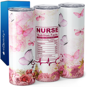 Nurse Nutrition Facts with Pink Butterflies 20oz Skinny Tumbler