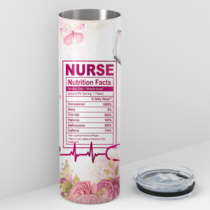 Nurse Nutrition Facts with Pink Butterflies 20oz Skinny Tumbler