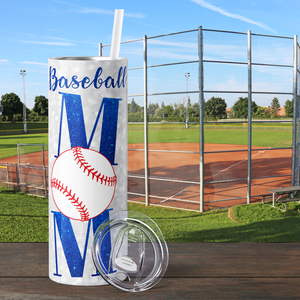 Baseball Mom in Blue on Glitter 20oz Skinny Tumbler