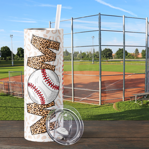 Baseball Mom Leopard Print Text 20oz Skinny Tumbler