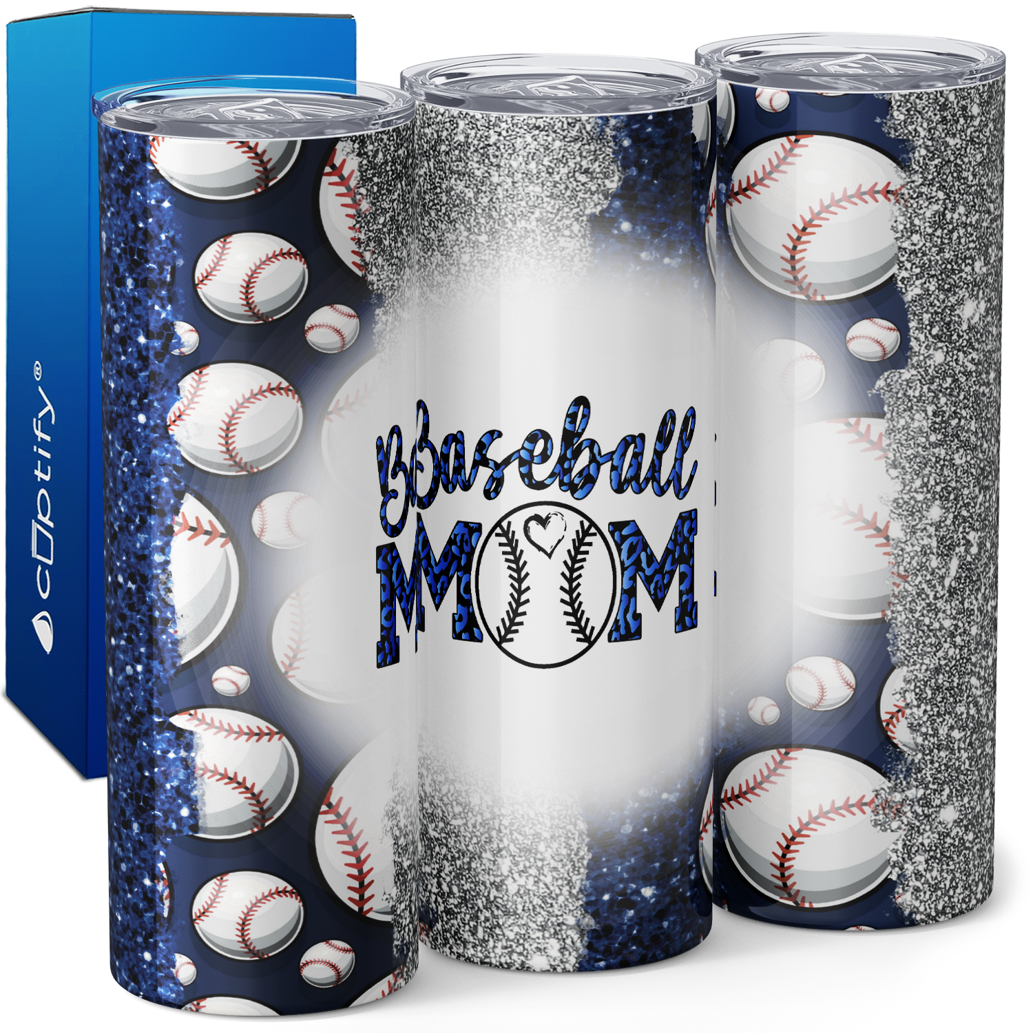 Baseball Mom Blue and Silver Glitter 20oz Skinny Tumbler