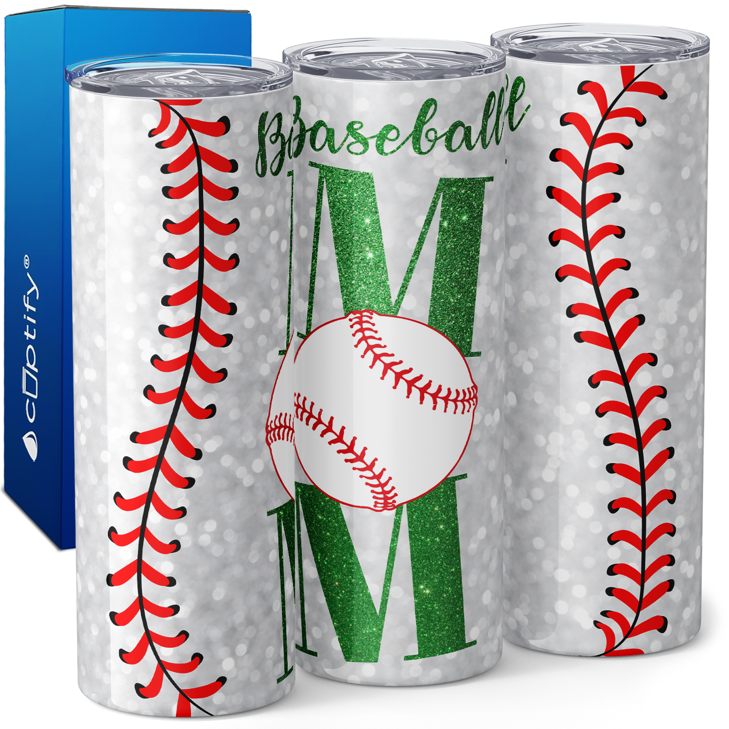 Baseball Mom in Green Glitter Text 20oz Skinny Tumbler
