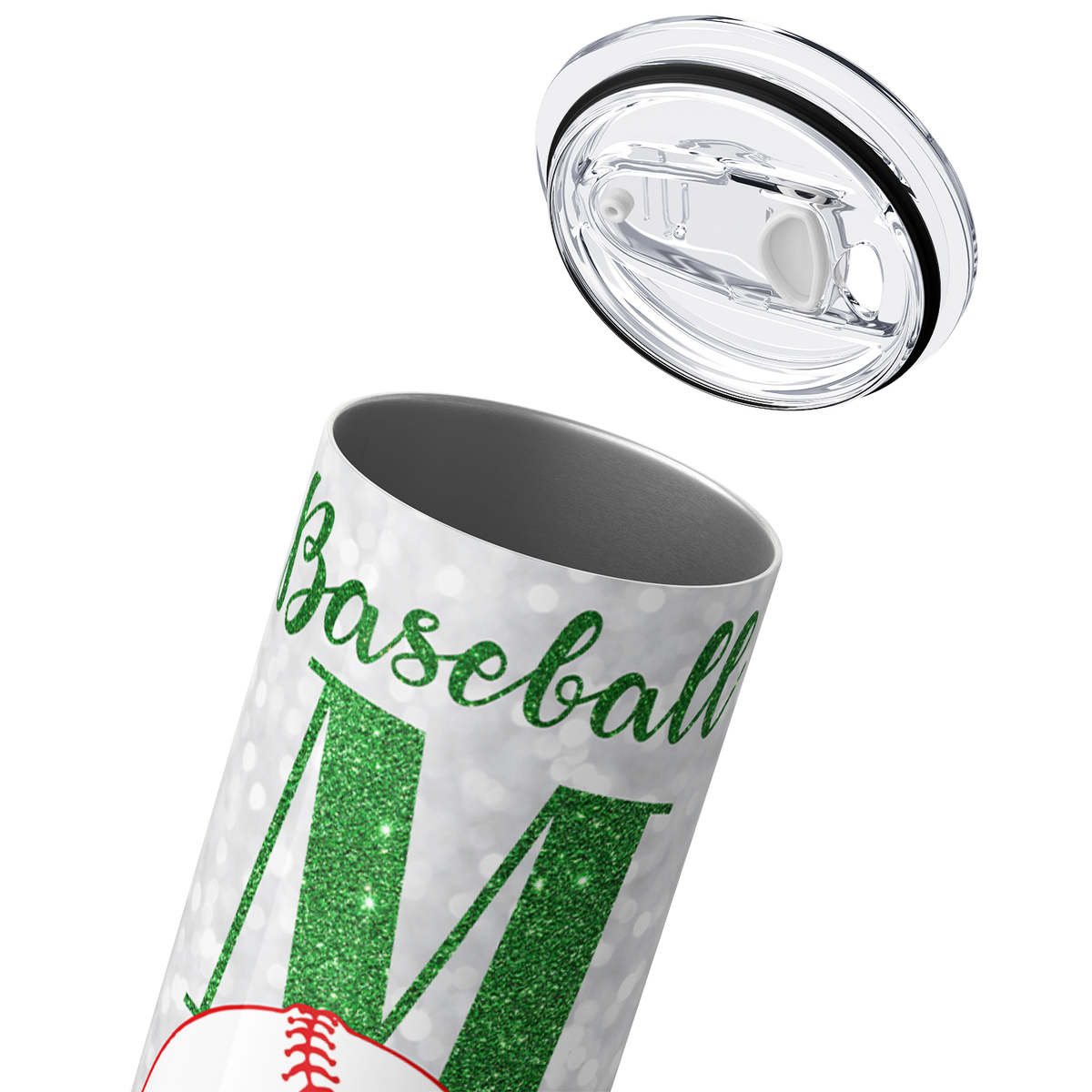 Baseball Mom in Green Glitter Text 20oz Skinny Tumbler