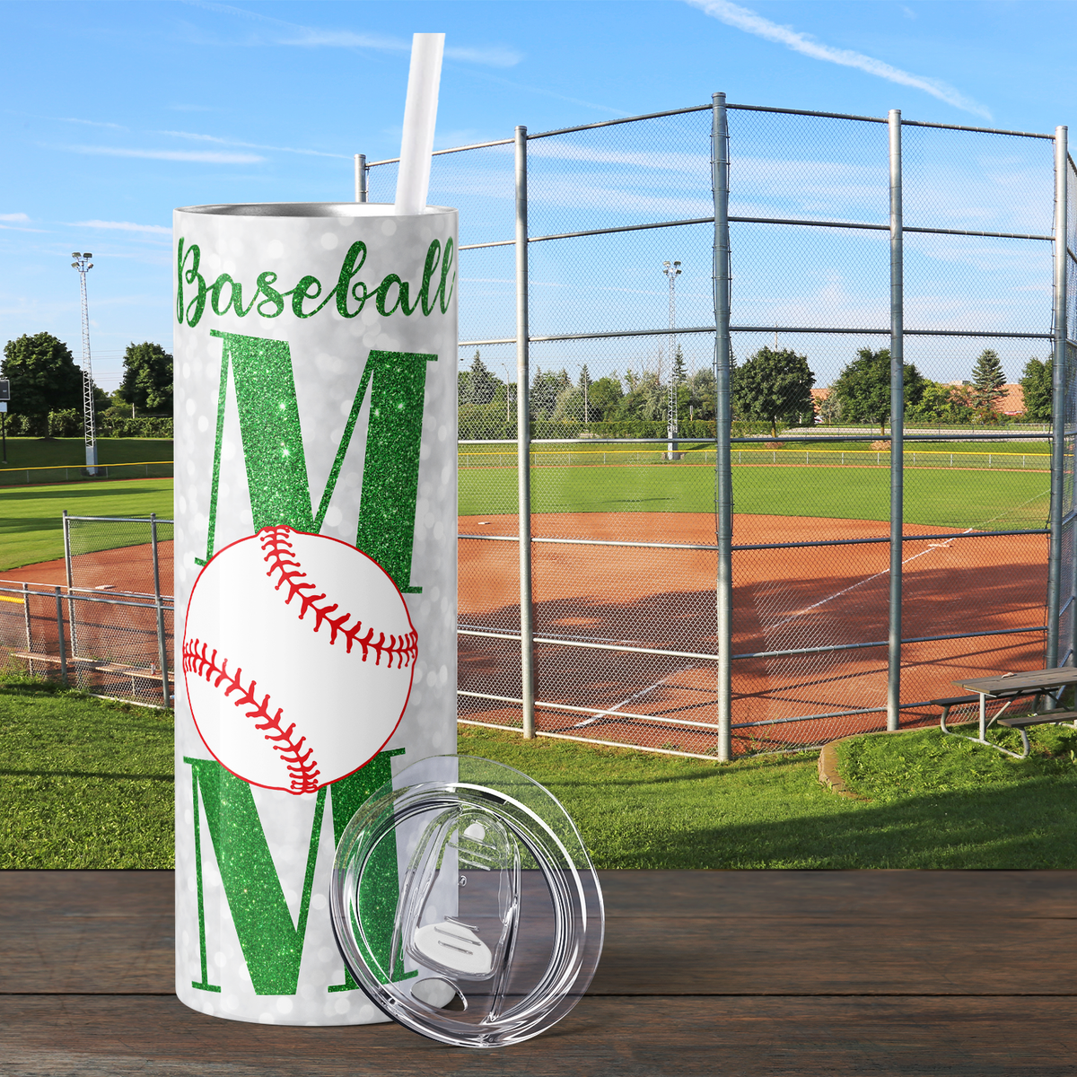 Baseball Mom in Green Glitter Text 20oz Skinny Tumbler