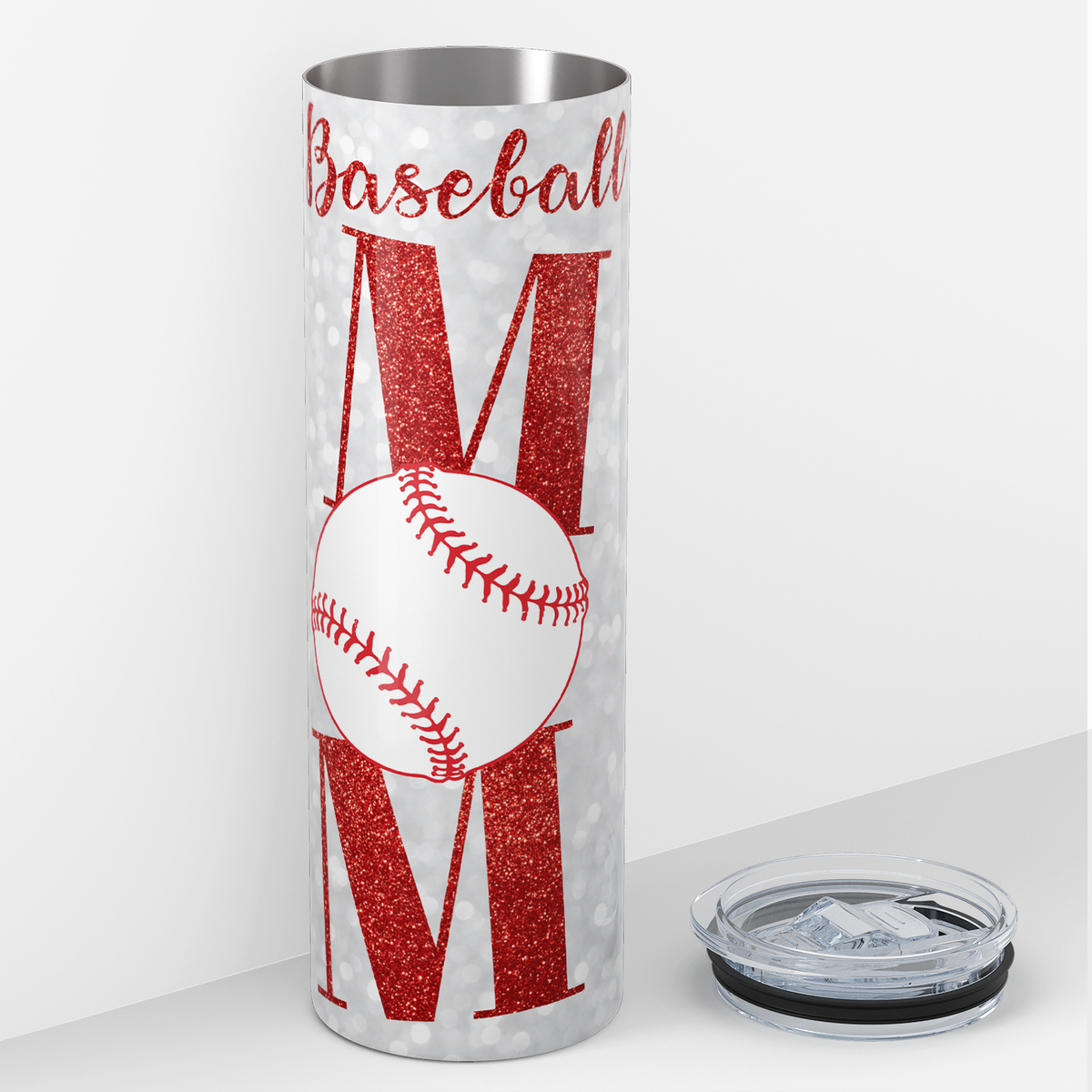 Baseball Mom in Red Glitter Text 20oz Skinny Tumbler