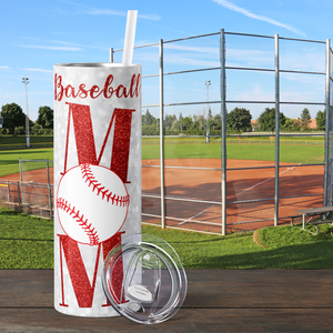 Baseball Mom in Red Glitter Text 20oz Skinny Tumbler