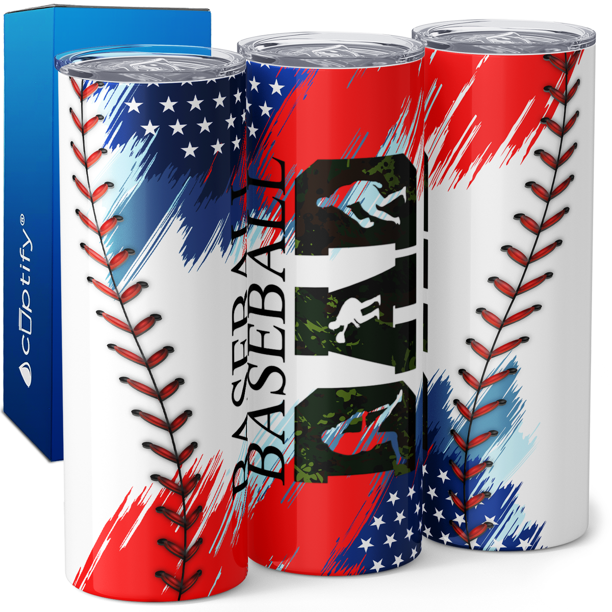 Baseball Dad Red Blue Stripes and Stars 20oz Skinny Tumbler
