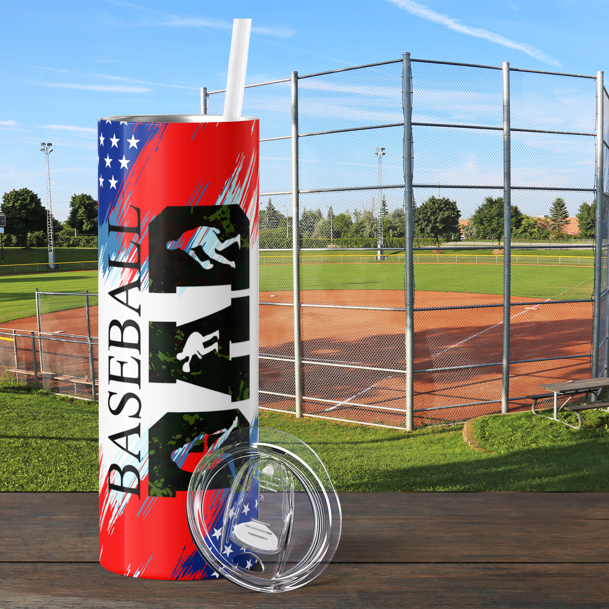 Baseball Dad Red Blue Stripes and Stars 20oz Skinny Tumbler