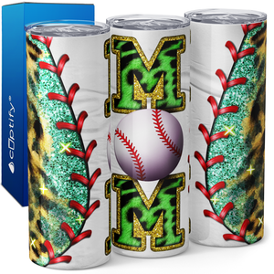 Baseball Mom Green Glitter Leopard Print 20oz Skinny Tumbler