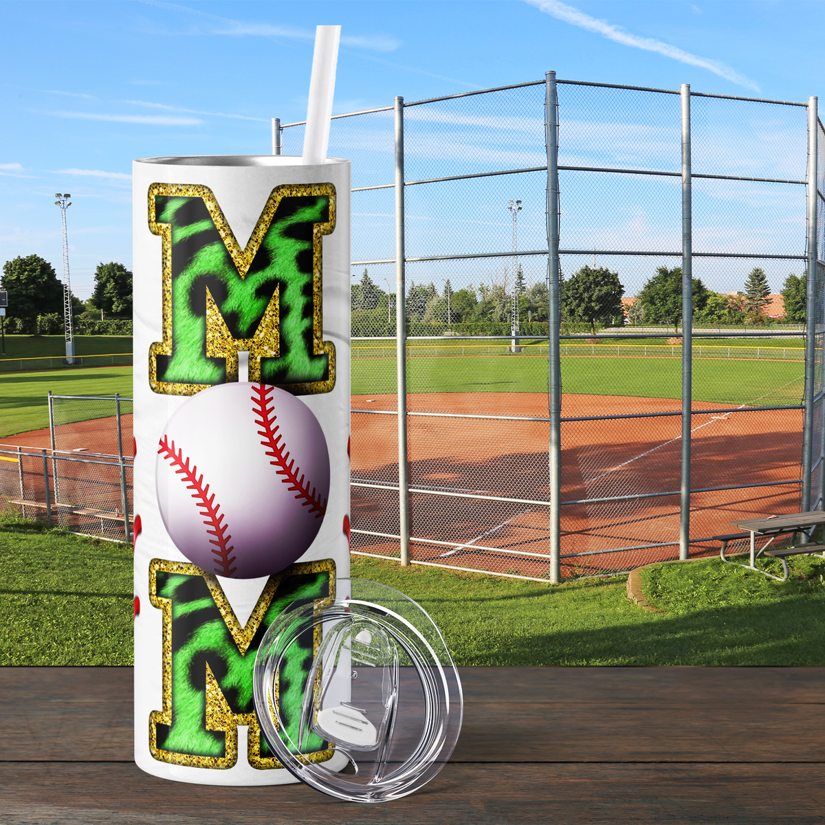 Baseball Mom Green Glitter Leopard Print 20oz Skinny Tumbler