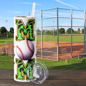 Baseball Mom Green Glitter Leopard Print 20oz Skinny Tumbler