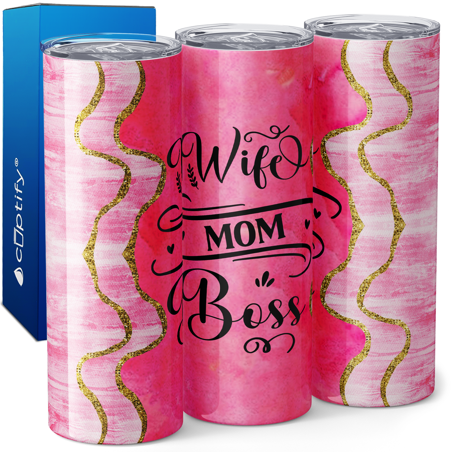 Wife Mom Boss on Pink 20oz Skinny Tumbler