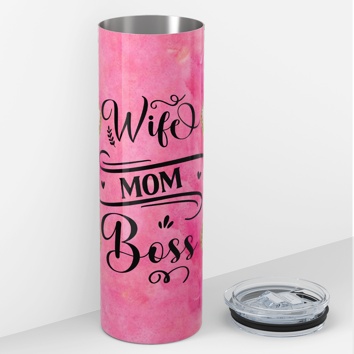 Wife Mom Boss on Pink 20oz Skinny Tumbler