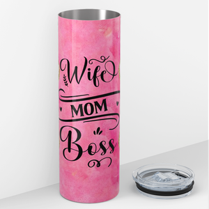 Wife Mom Boss on Pink 20oz Skinny Tumbler
