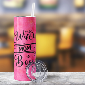 Wife Mom Boss on Pink 20oz Skinny Tumbler