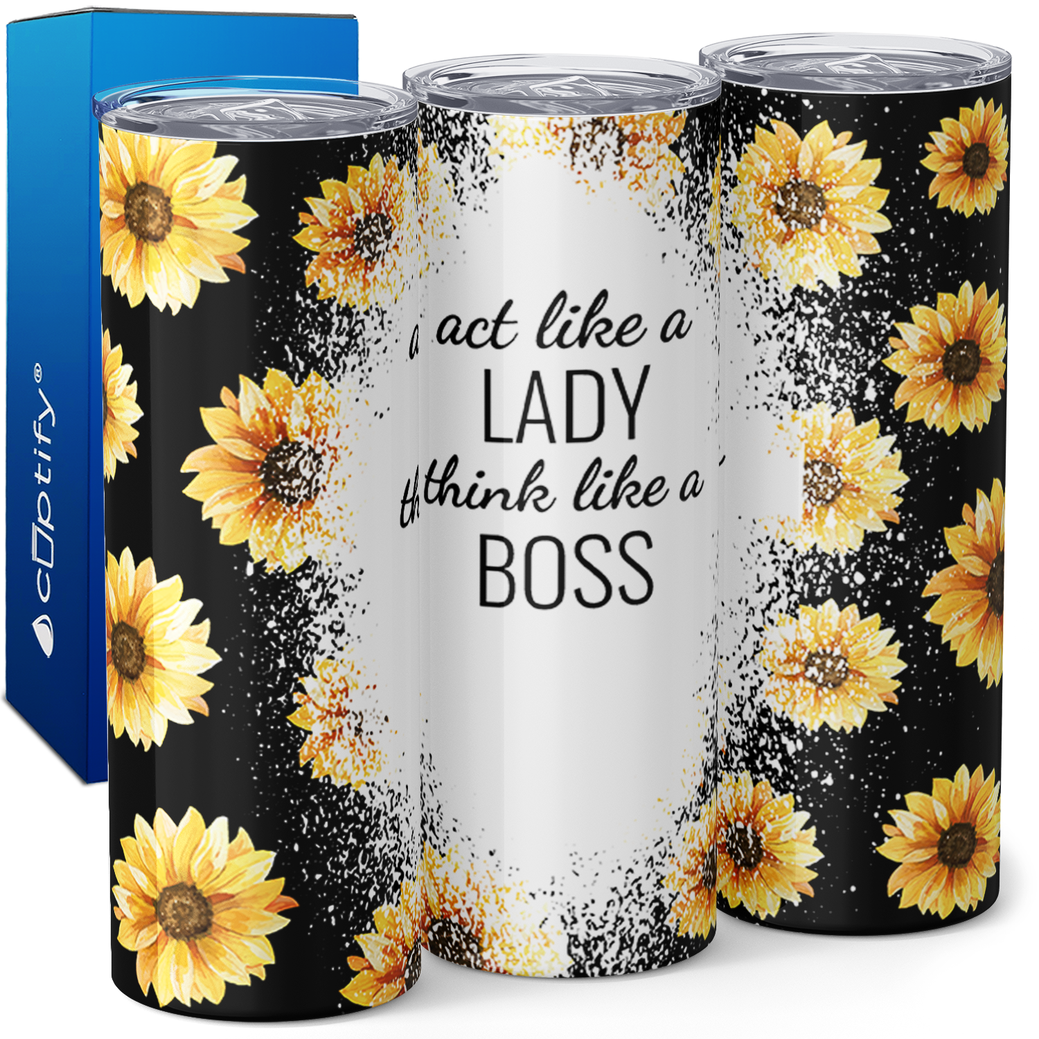 Act Like a Lady Boss Sunflowers on Black 20oz Skinny Tumbler