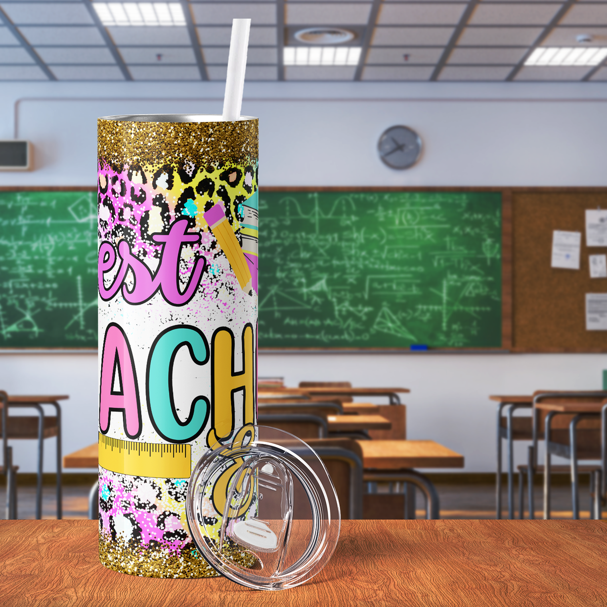 Best Teacher Ever Rainbow Leopard 20oz Skinny Tumbler