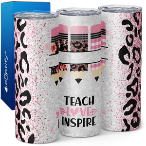 Personalized Teacher Love Inspire on Pink Leopard 20oz Skinny Tumbler
