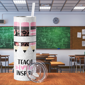 Personalized Teacher Love Inspire on Pink Leopard 20oz Skinny Tumbler