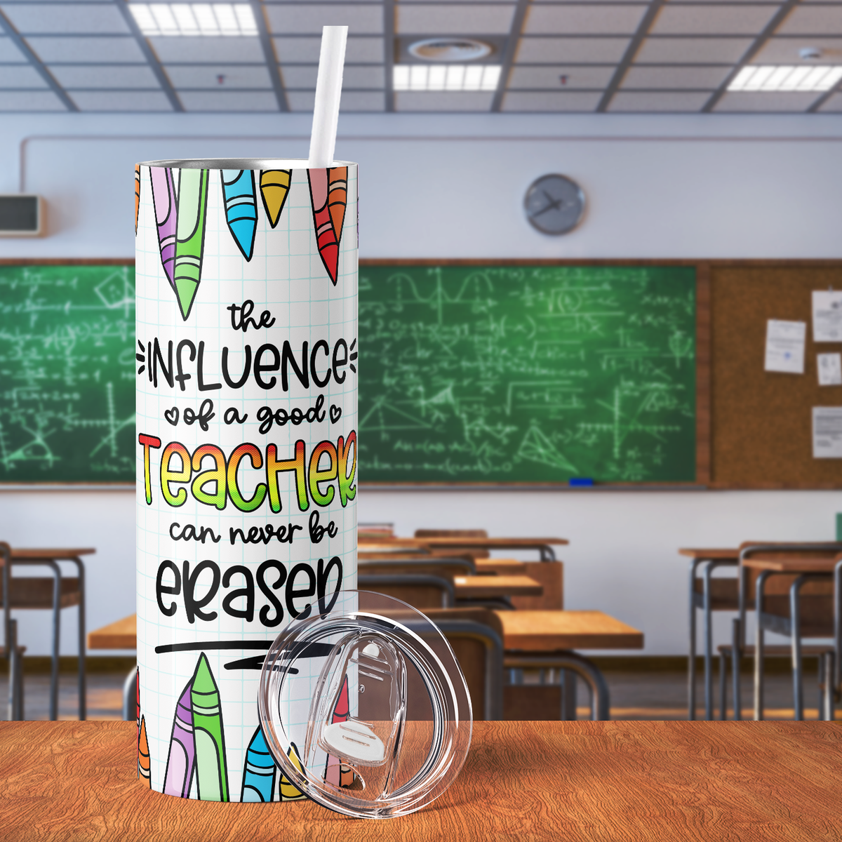 The Influence of a Good Teacher Crayons and Apple 20oz Skinny Tumbler